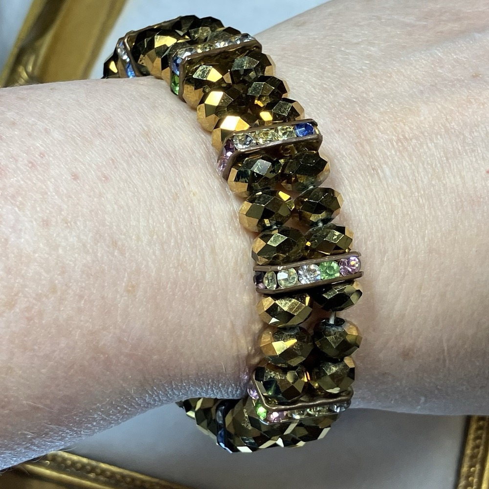 Vtg Golden Crystal Faceted Glass Double Stretch Bracelet‎ Statement Sparklecore